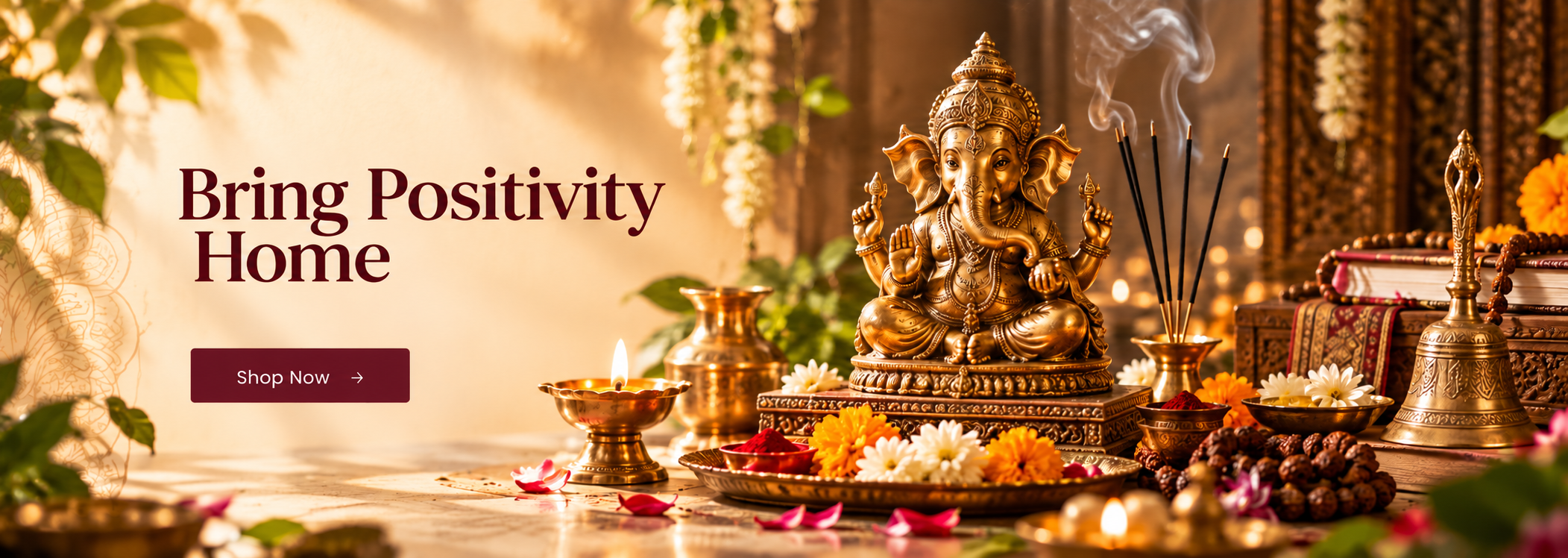 Brass Ganesha idol with incense and diya, surrounded by marigold flowers